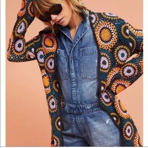 Anthro Moth Crochet Granny Medallion Cardigan 100% Cotton Open Front Boho Hippie